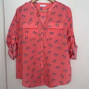 Charter Club Coral Zebra Print Cuffed Sleeve Button Up Blouse Top Size Large